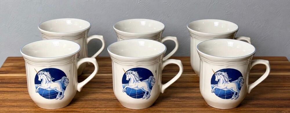 Vintage Unicorn Set of 6 | 1980s Blue & White Fantasy Coffee| Unicorn and Stars - Picture 1 of 11